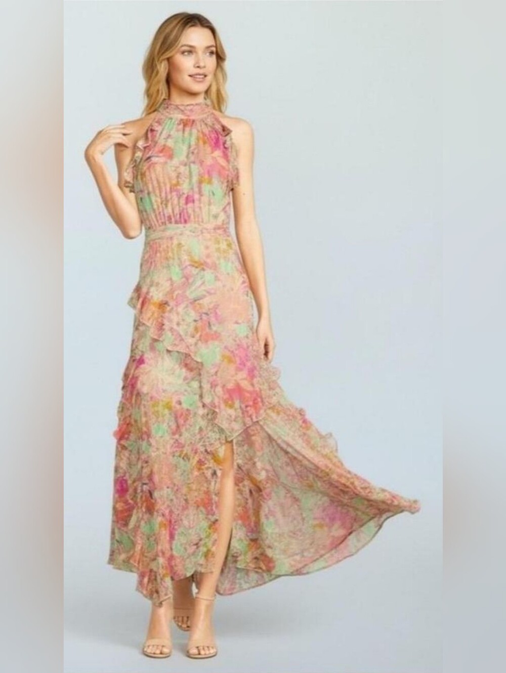 Alex Marie Fiona Pink Green Watercolor Floral Print Halter Maxi Dress Women's 16